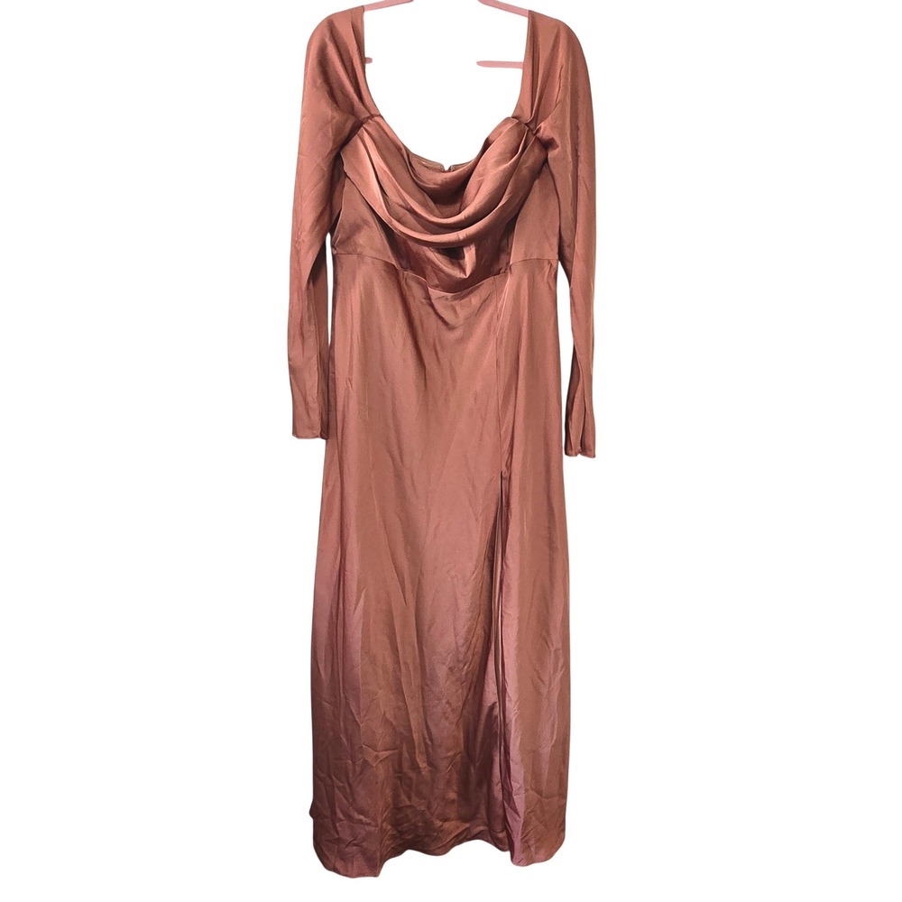 Birdy Grey Maxi Dress Womens 0X Terracotta Satin Cowl Neck Long Sleeve Slit Gown